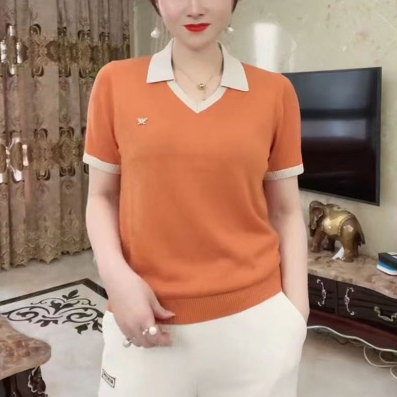 时尚撞色V领短袖针织衫中年妈妈夏装薄款T恤宽松显瘦大码休闲上衣