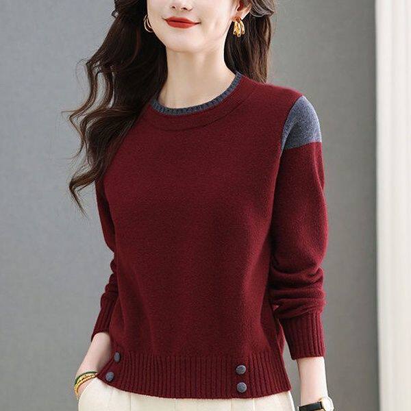 2025新款女士高档毛衣秋冬时尚减龄拼色百搭圆领内搭打底针织衫