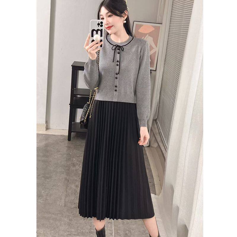 简约假两件秋冬新款中长款女针织连衣裙宽松时尚显瘦打底毛衣裙子