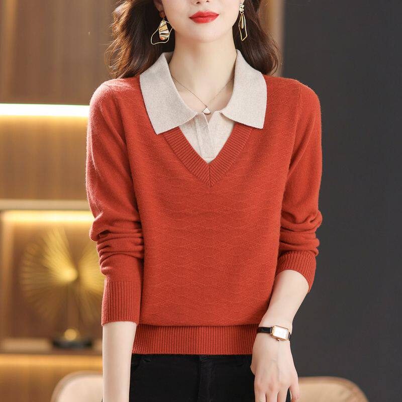 妈妈秋装假两件翻领撞色毛衣时尚长袖上衣洋气宽松显瘦针织打底衫