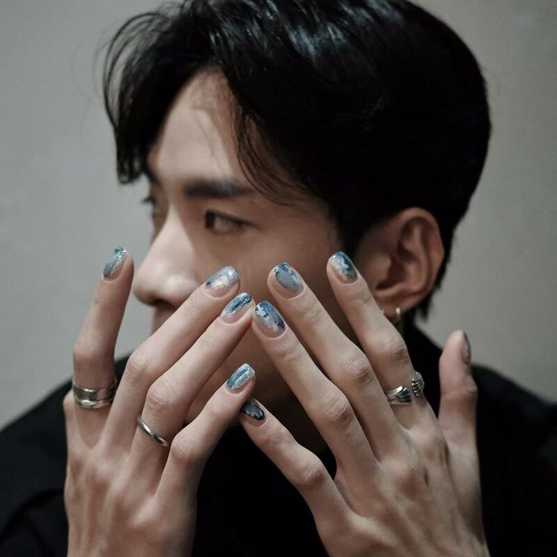 【Vanilla Mountain】 | Blue Tone】High-End Cool and Rugged Indigo Non-Flashy and Handsome Men's Nail Art Press-On Nails