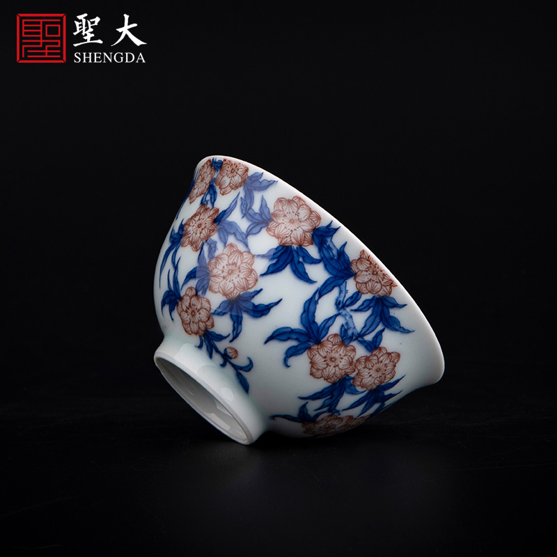 Holy big ceramic sample tea cup pure manual hand - made jingdezhen porcelain color red peach blossom put tattoo master cup kung fu tea cups