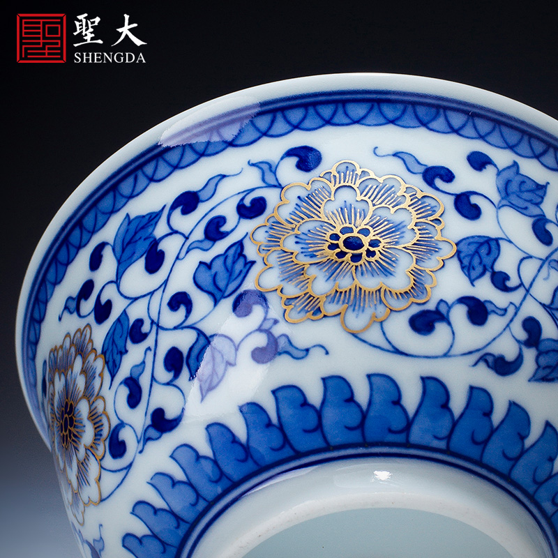 The big blue and white paint renshi peony grains teacups hand - made ceramic kung fu master cup sample tea cup of jingdezhen tea service