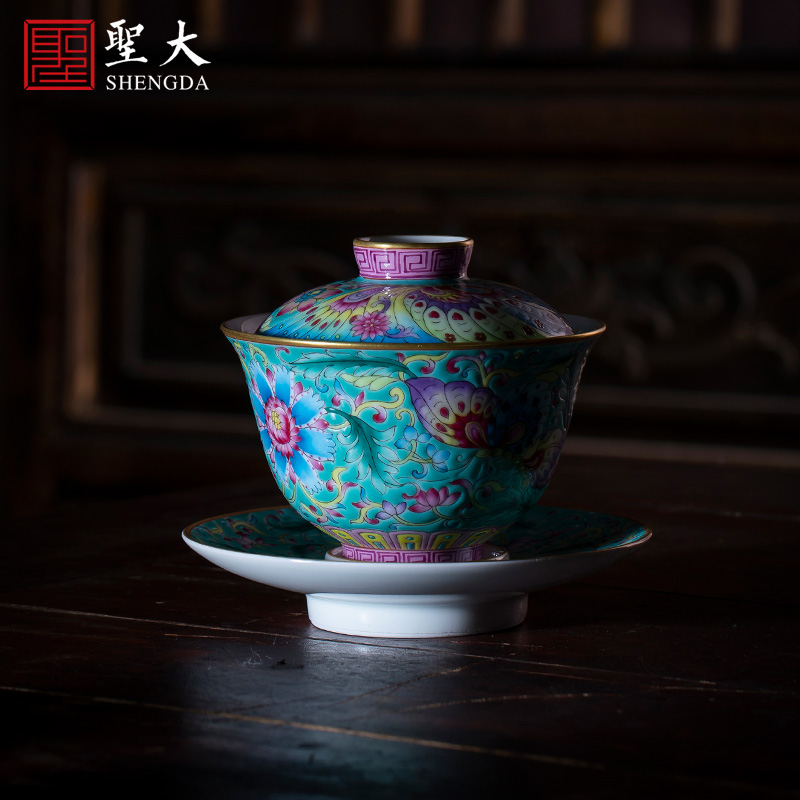 Holy big three to tureen hand - made ceramic colored enamel hoard of green flower butterfly tea bowl full manual of jingdezhen tea service