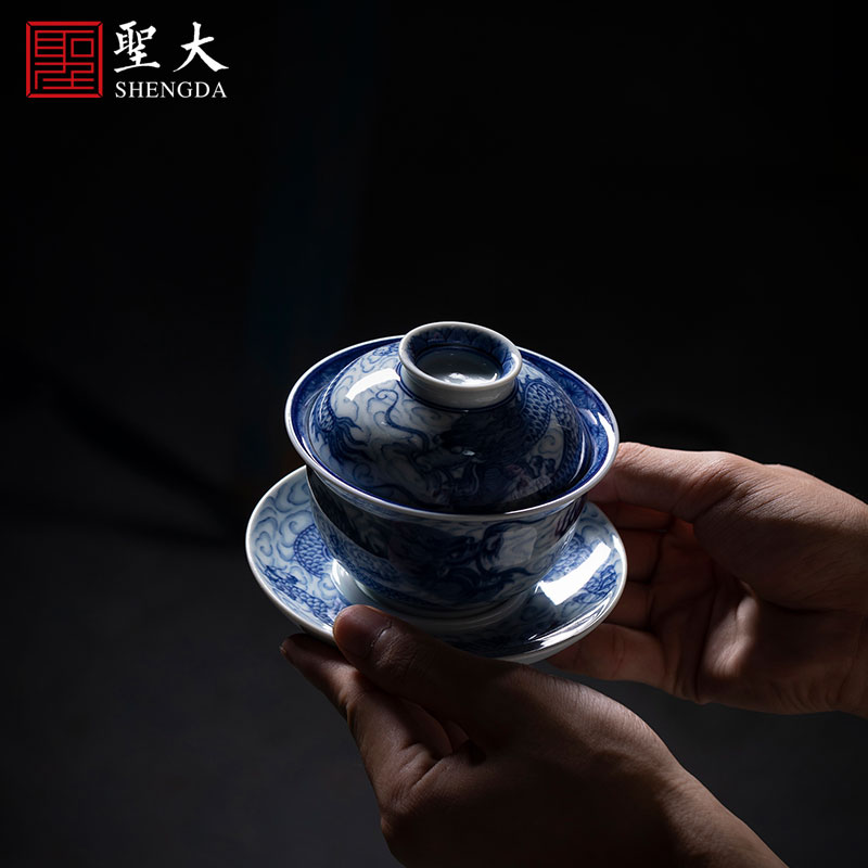 Holy big three to tureen teacups hand - made ceramic antique blue - and - white YunLongWen tea bowl full manual of jingdezhen tea service