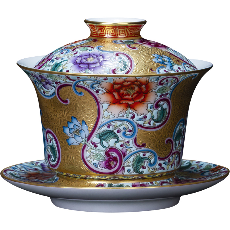 Holy big three to tureen hand - made ceramic colored enamel heap gold flower grain tureen tea bowl of jingdezhen tea service by hand