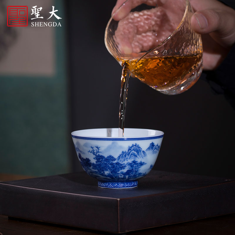 Holy big ceramic kung fu tea cups all hand landscape s master cup sample tea cup jingdezhen blue and white forest mountain tea set