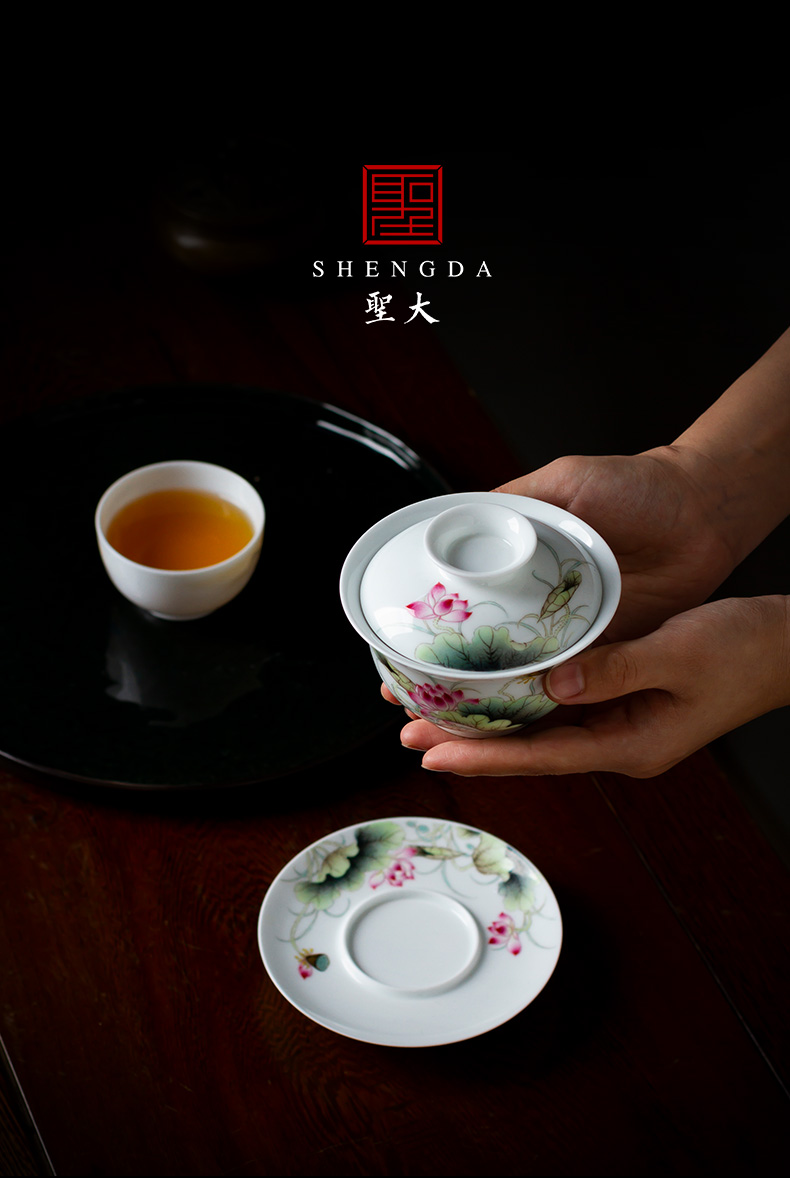 The big three tureen teacup only pure hand - made ceramic famille rose, lotus tea bowl full manual jingdezhen kung fu tea set