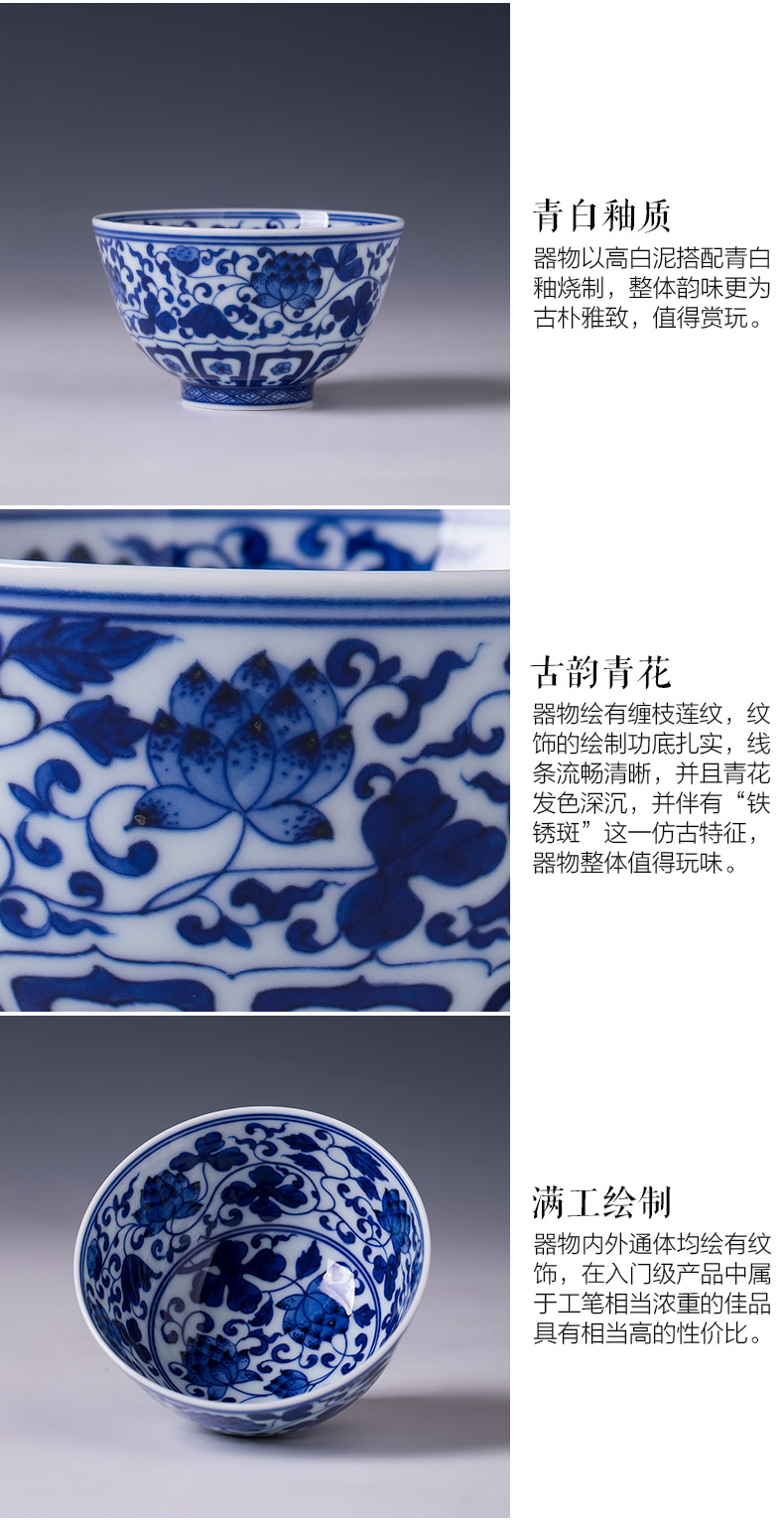 Holy big teacups hand - made ceramic kung fu with blue and white wear branch lotus cup sample tea cup manual of jingdezhen tea service master