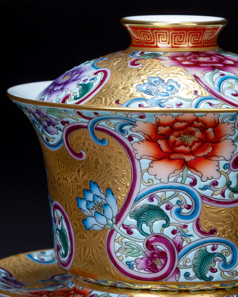 Holy big three to tureen hand - made ceramic colored enamel heap gold flower grain tureen tea bowl of jingdezhen tea service by hand