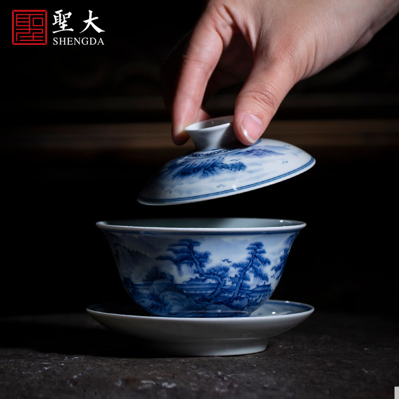 The big three to make tea tureen kung fu teacups hand - made scenery of blue and white porcelain ceramic bowl full manual of jingdezhen tea service