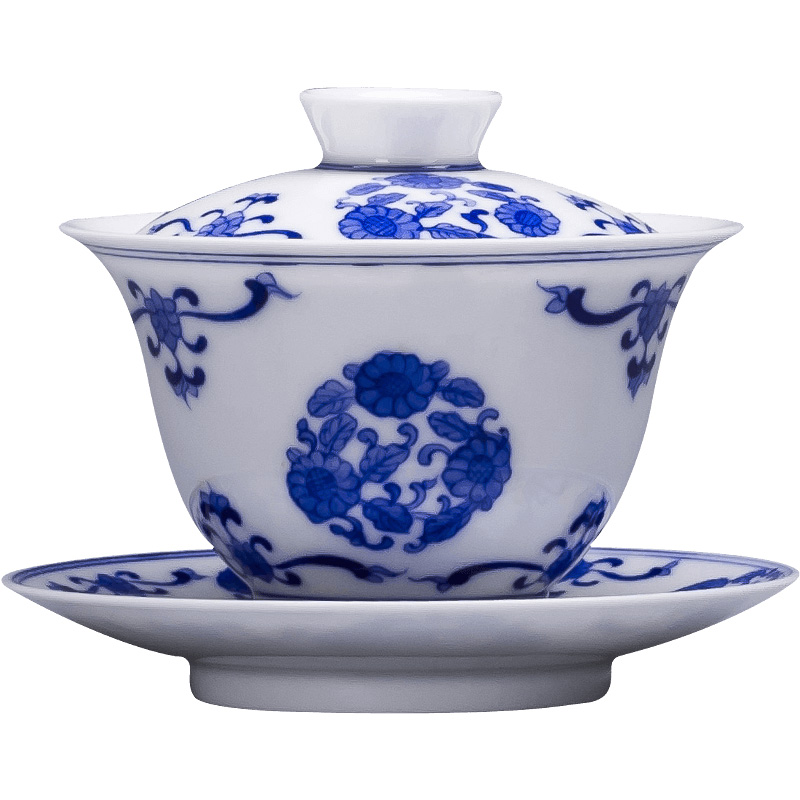 The big blue and white by lines 3 ceramic tureen teacups hand - made all hand jingdezhen kung fu tea set to make tea bowl