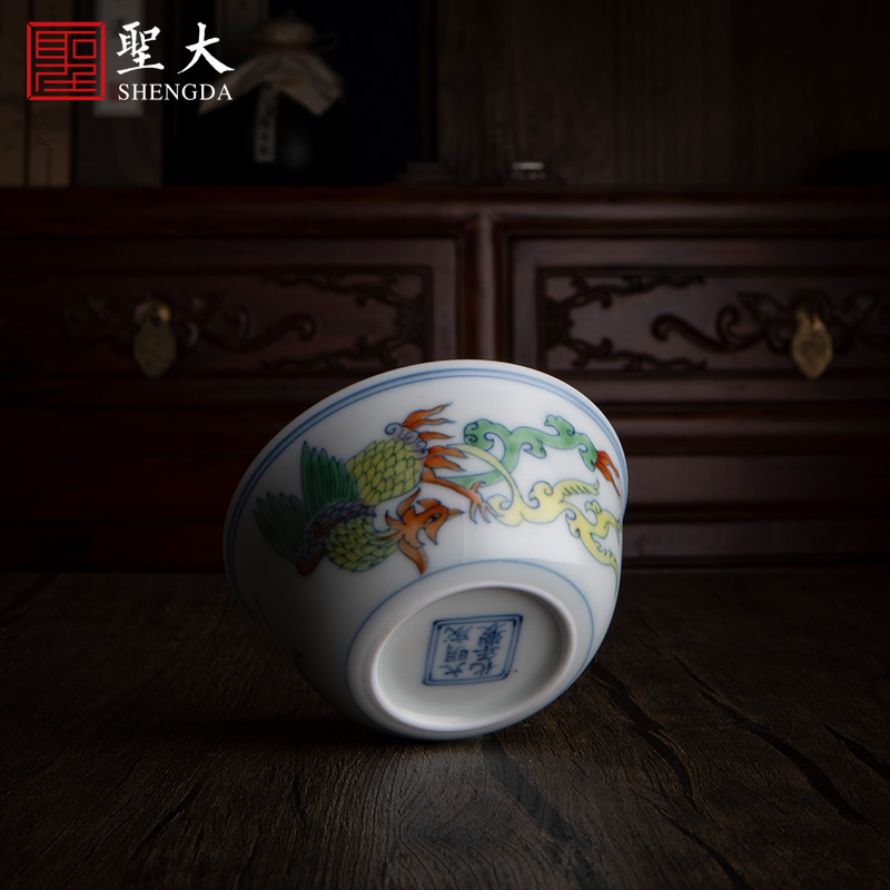 Holy big porcelain doucai bucket color real talent phoenix design cylinder cup jingdezhen high - grade pure manual hand - made kung fu tea cups