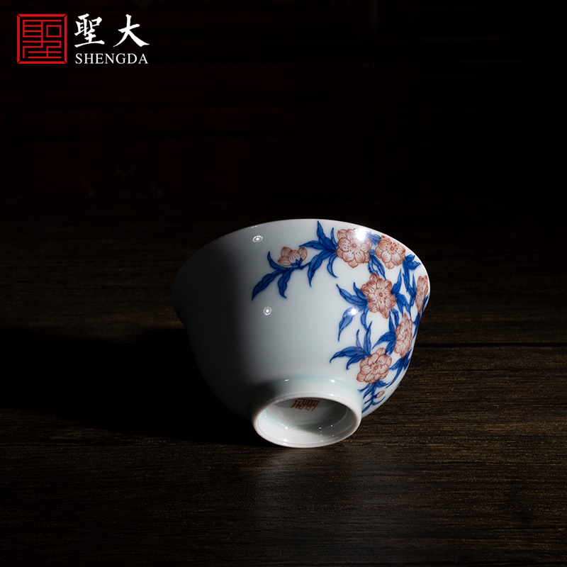 Holy big ceramic sample tea cup pure manual hand - made jingdezhen porcelain color red peach blossom put tattoo master cup kung fu tea cups