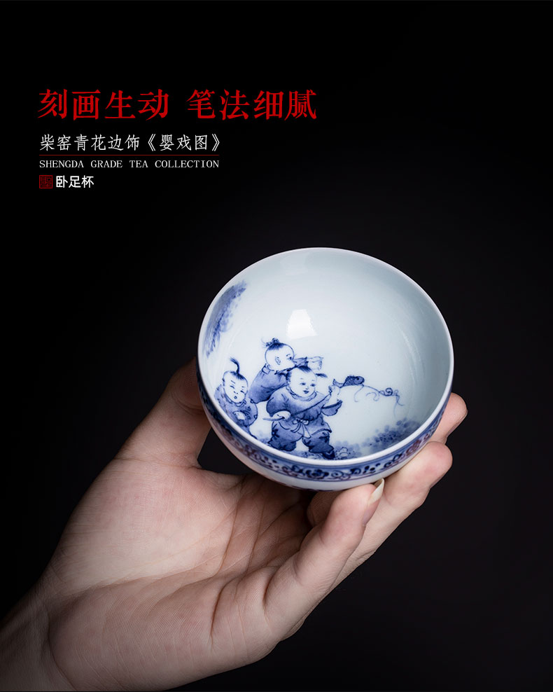 The big cup sample tea cup hand - made ceramic kung fu maintain jingdezhen blue and white figure baby play master cup tea by hand