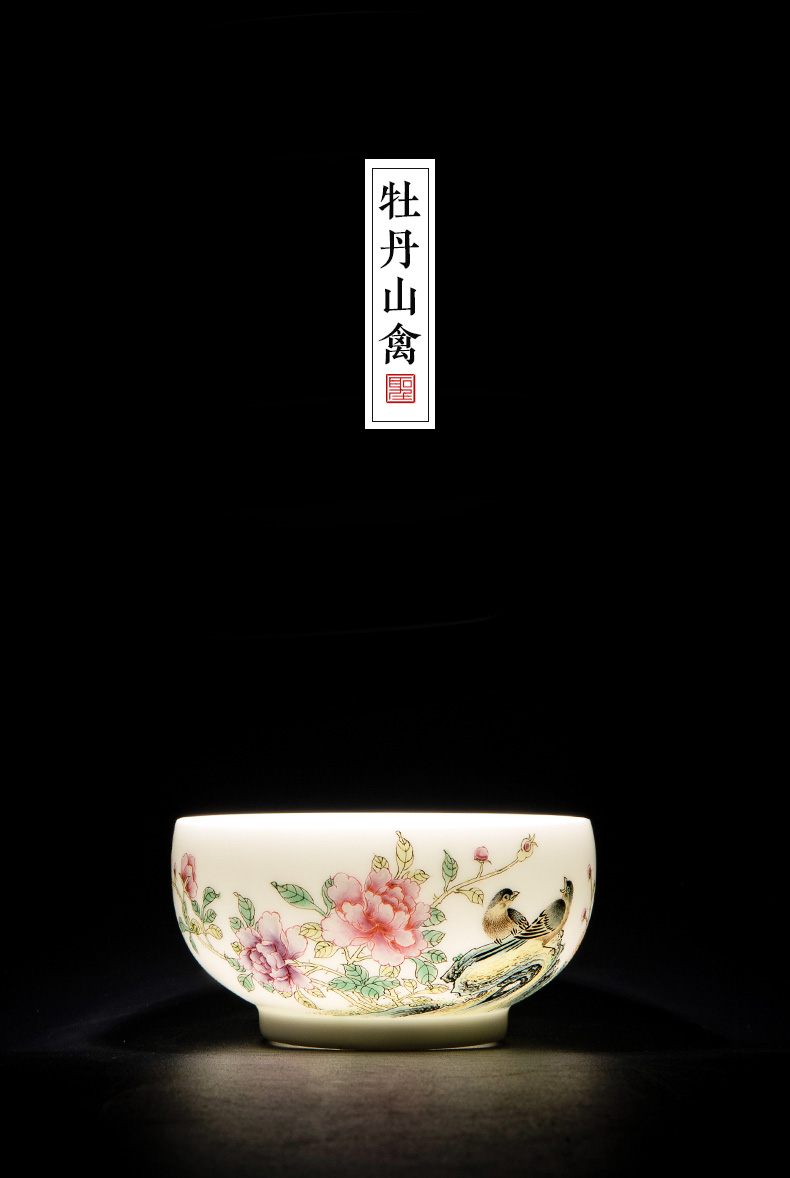 Large ceramic powder enamel peony mountain birds image masters cup of jingdezhen tea service manual hand - made kung fu tea cups sample tea cup