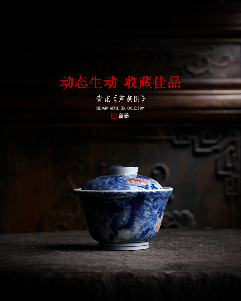 The large ceramic three tureen tea bowl of pure hand - made figure tureen jingdezhen blue and white LuYan tea set manually by hand