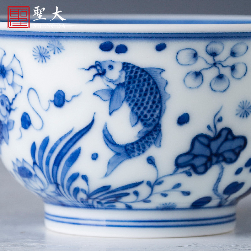 Holy big cup sample tea cup hand - made ceramic kung fu the qing Hualien left algal lines master cup of jingdezhen tea service by hand