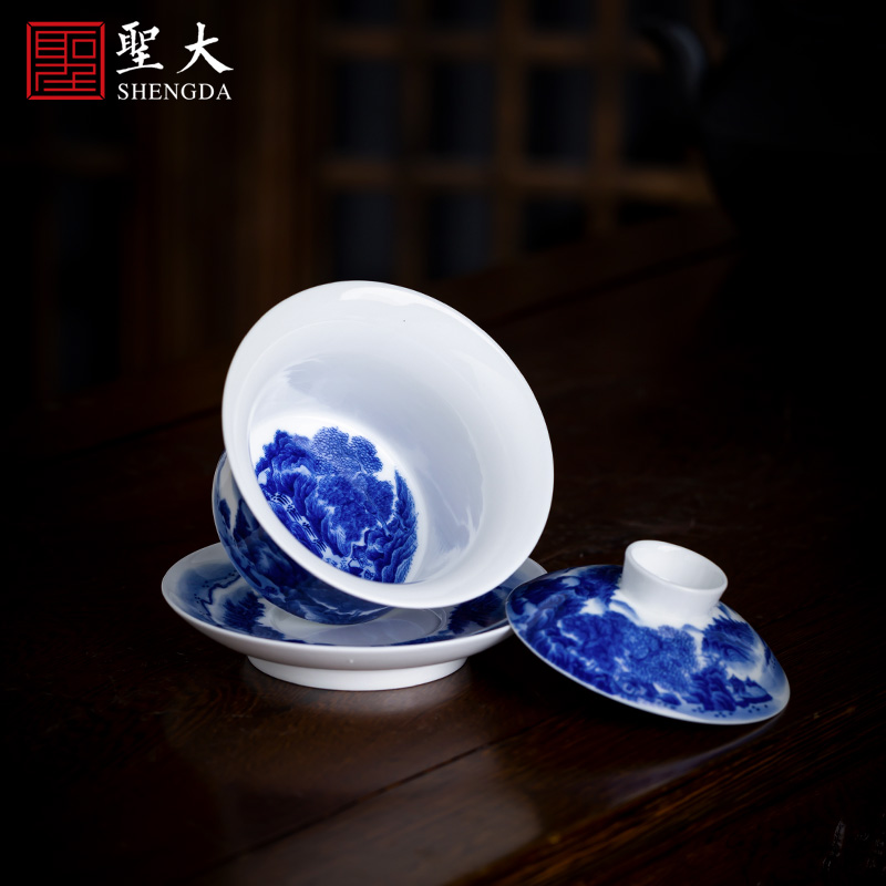 Holy big three to tureen hand - made porcelain ceramic full work "the pine creek recluse" tureen all hand of jingdezhen tea service