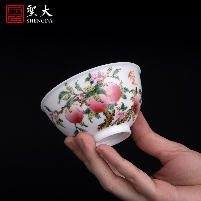 Holy big ceramic famille rose "red peach offer longevity" kung fu masters cup of jingdezhen tea service of pure manual cups sample tea cup