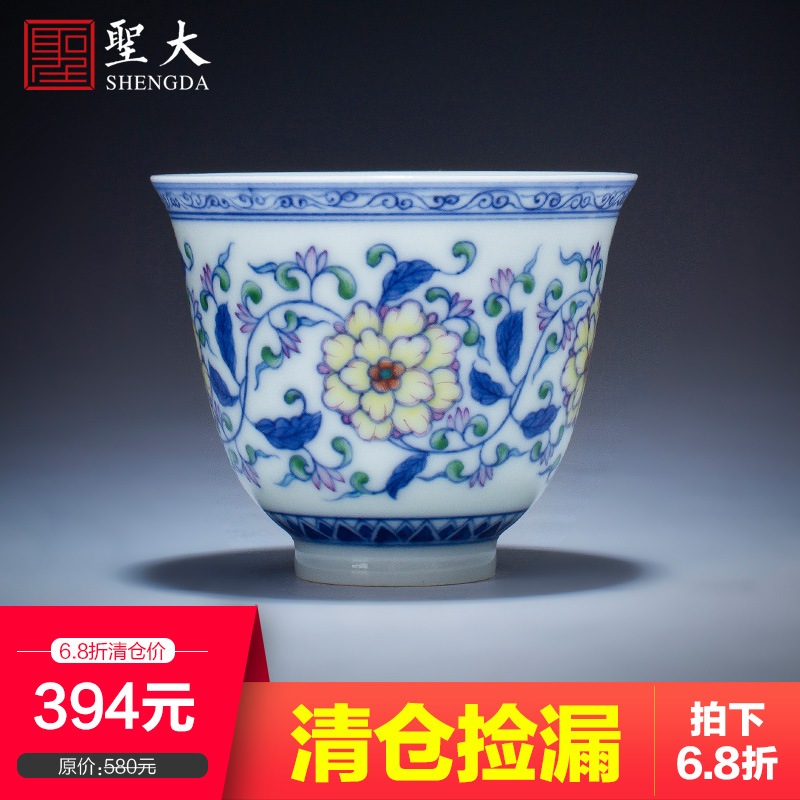 Holy big blue and white color bucket renshi teacups hand - made ceramic kungfu floral print sample tea cup cup of jingdezhen tea service master