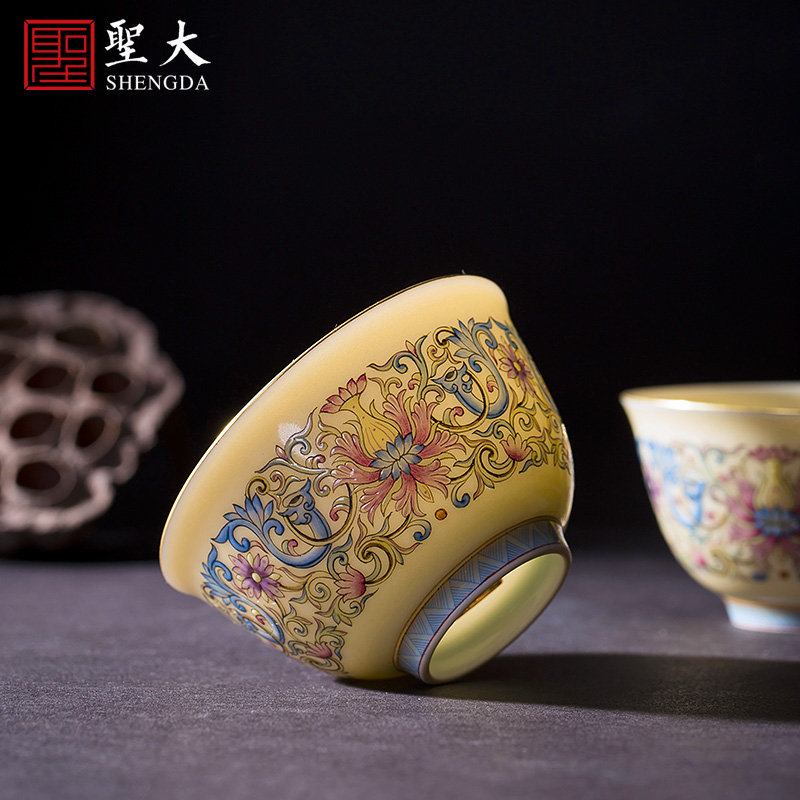 Holy big ceramic kung fu tea cups charming floral print yellow glaze enamel colors branches masters cup jingdezhen tea sample tea cup