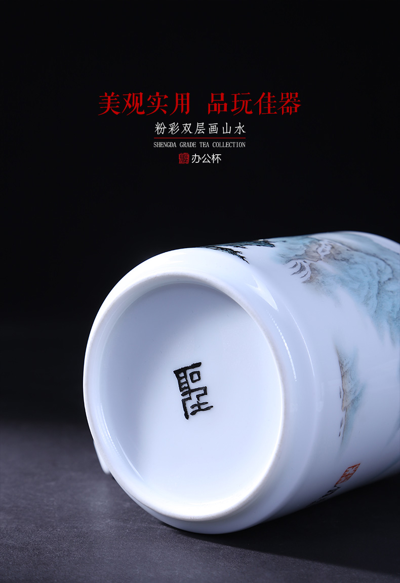 Holy big office cup hand - made ceramic pastel landscape double painting with cover cup boss cup tea cup of jingdezhen tea service