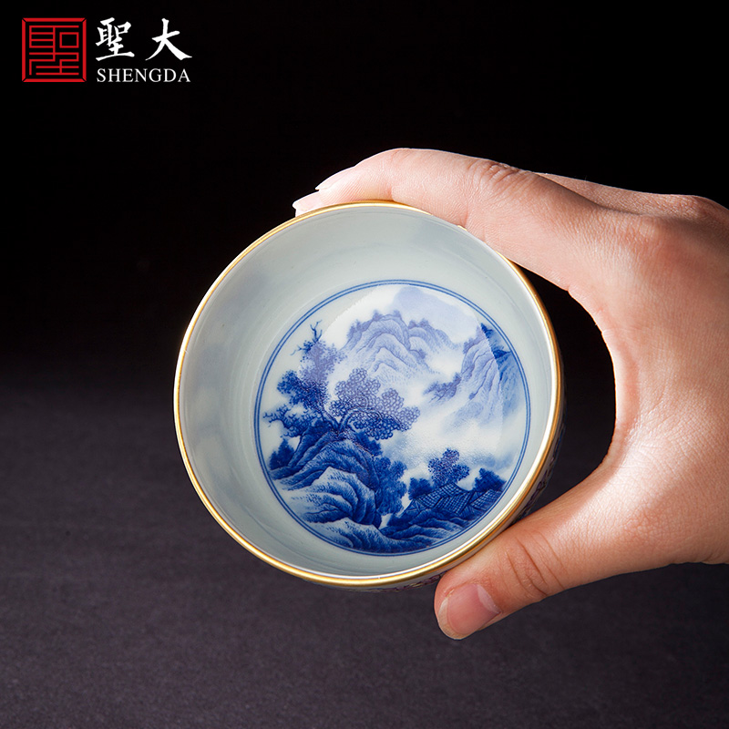 Holy big blue and white landscape colored enamel teacups hand - made ceramic kungfu longnu wear pattern glass of jingdezhen tea service master