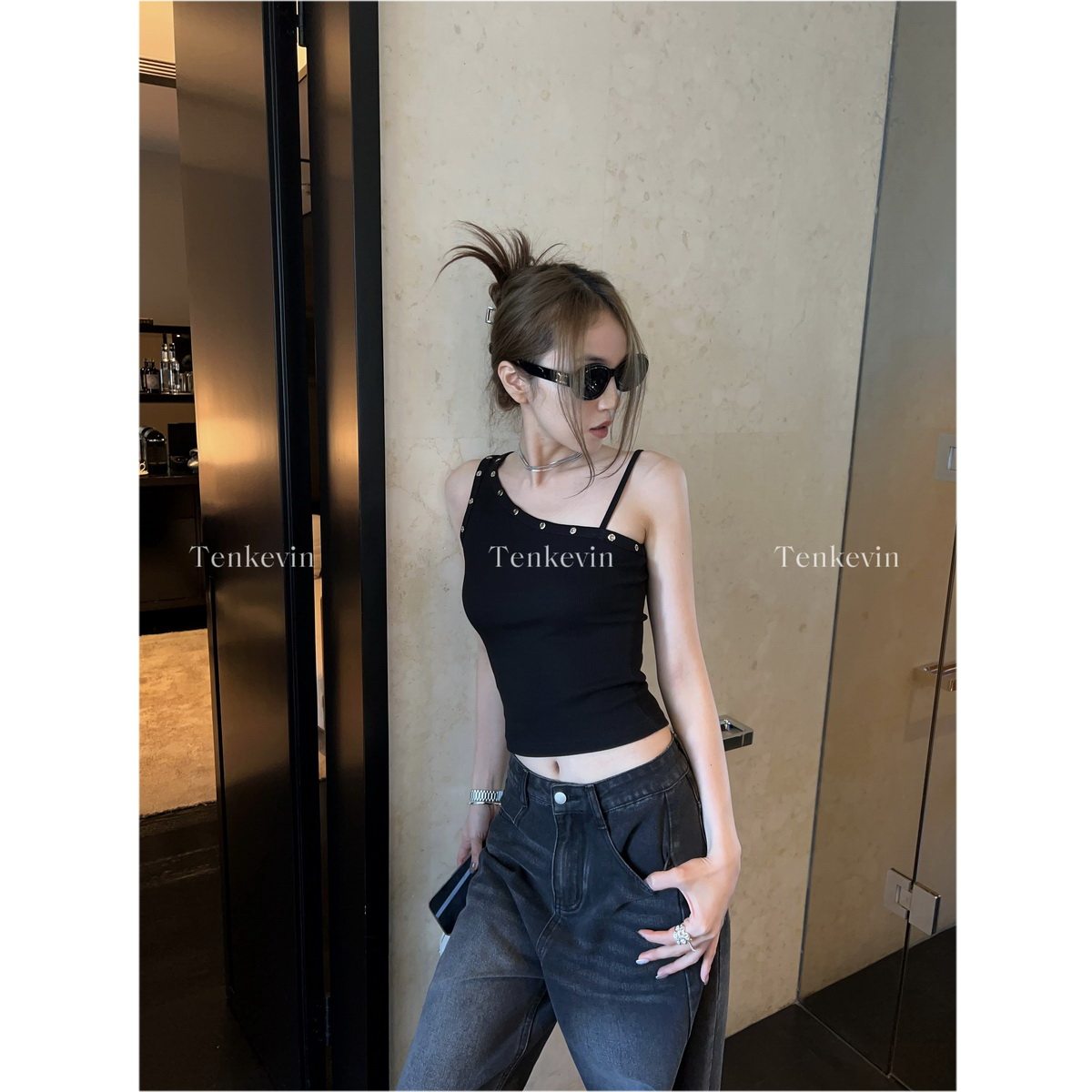 Eleven Hot Summer Off-Shoulder Asymmetrical Tank Top for Women, Summer Outerwear, Sexy Sleeveless Top