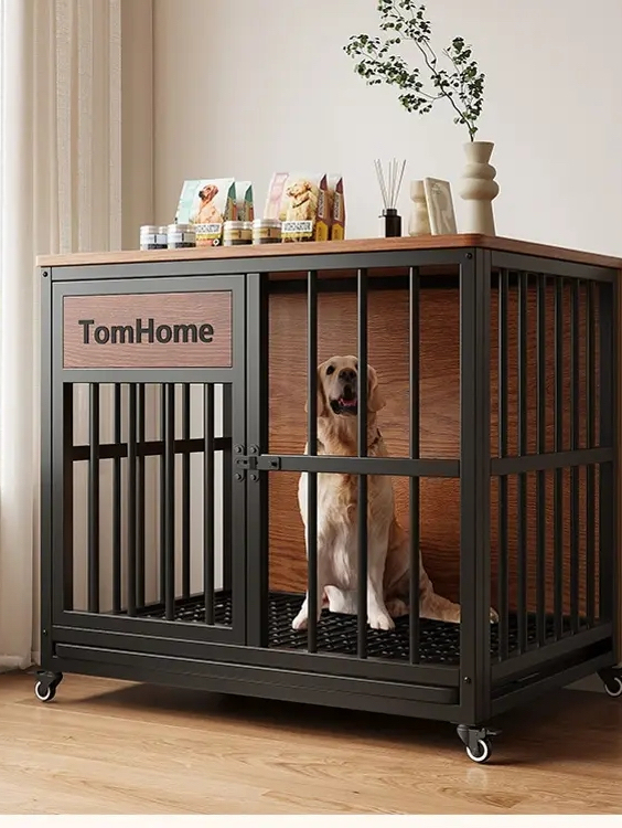 Indoor Household Medium to Large Dog Cage for Golden Retriever, Labrador, Escape-Proof with Pull-Out Tray and Wheels, Villa Style, Free Shipping