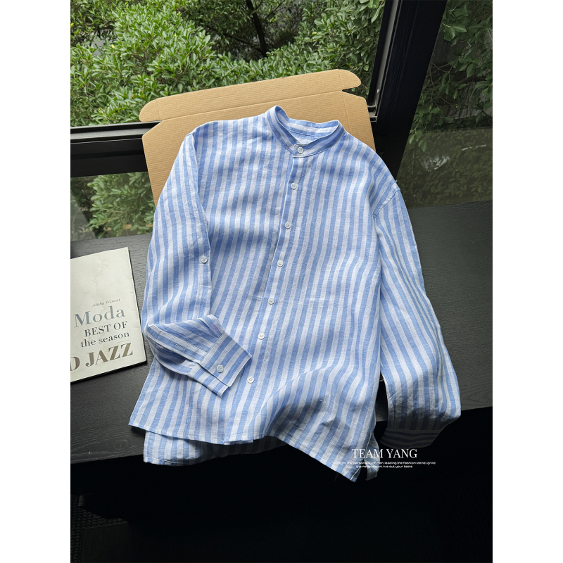 Teamyang-100% Linen Light Luxury Old Money Style Blue Casual Striped Henry Collar Shirt 10003
