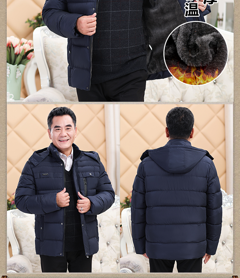 Mùa đông mới trung niên cotton nam xuống đệm bông cộng với áo khoác nhung cha trung niên cotton áo khoác nam có mũ