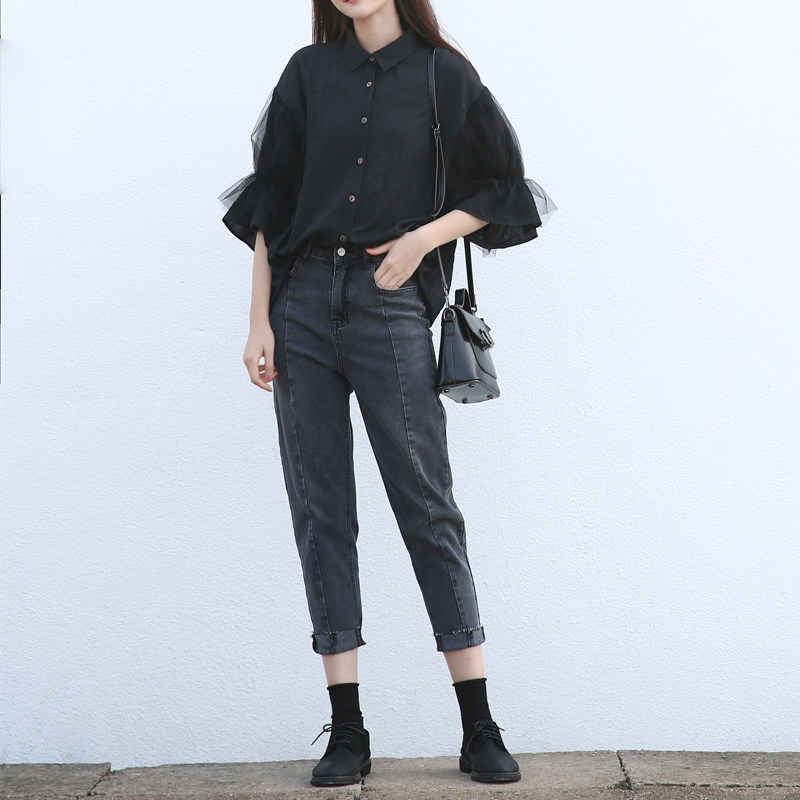 suin2022 spring and summer new products original retro loose large size black three-point trumpet sleeve top shirt female 9032