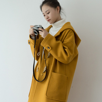 SUIN2021 autumn and winter New Art loose size College horn buckle hooded woolen coat long coat women