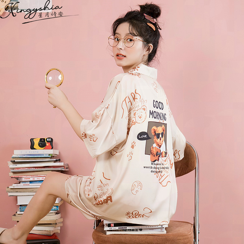 Ice silk pajamas summer women's short sleeves can be worn outside sweet and cute bear 2022 spring new silk home clothes