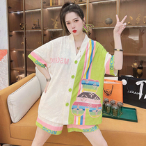 Cotton pajamas womens summer three-piece set short sleeves thin 2022 new summer fashion net red style home wear