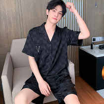 Premium mens pajamas summer ice silk short sleeves thin plaid 2022 new silk homewear mens