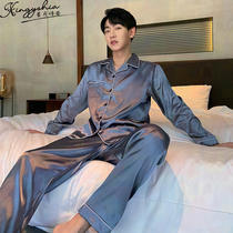 Large size mens pajamas spring and autumn 2022 new ice silk net red long sleeves summer thin silk home wear