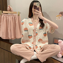 Cute pajamas women spring and autumn cotton 2022 new three-piece set premium summer thin casual loungewear