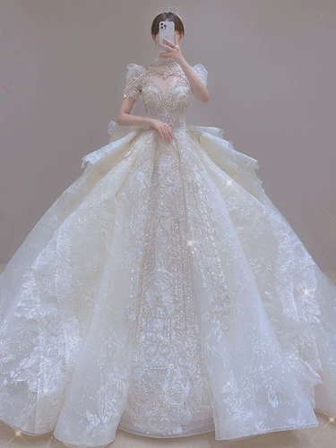 Французское главное свадебное платье 2023 Новая невеста, плечо, плечо, высокий смысл в стиле суда, роскошная тяжелая работа, высокая талия, хвост