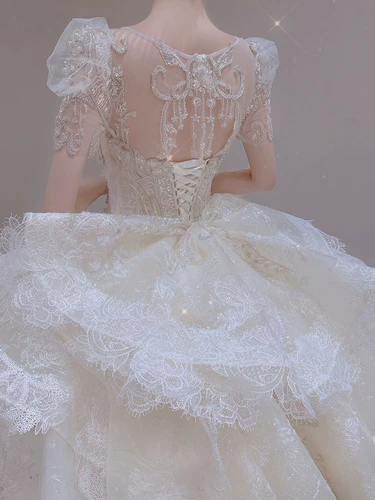 Французское главное свадебное платье 2023 Новая невеста, плечо, плечо, высокий смысл в стиле суда, роскошная тяжелая работа, высокая талия, хвост