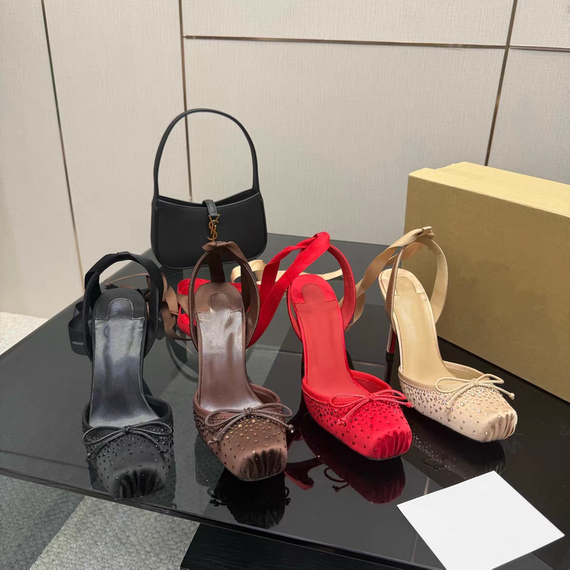 2026 New Style Bow Ballet Pointed Toe Sandals with Thin Heels, Square Toe, Ankle Strap, Satin High Heels for Women