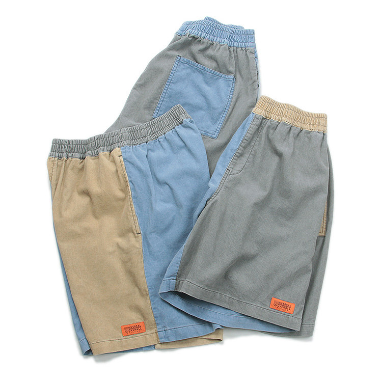 American tooling joint Note Crazy Splicing Comfort Full Cotton Light Core Suede Tightness Waist Loose Straight Drum Shorts