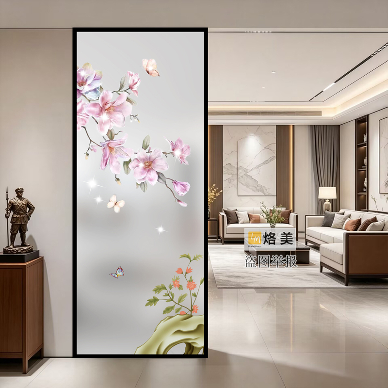 Trendy Artistic Glass Living Room Screen Partition Frosted Tempered Ultra-Narrow Titanium Magnesium Aluminum Alloy Frame with Floral and Bird Design