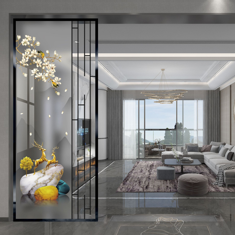 Custom-made art glass light luxury powder room screen living room compartment matte painted craft titanium alloy frame porch