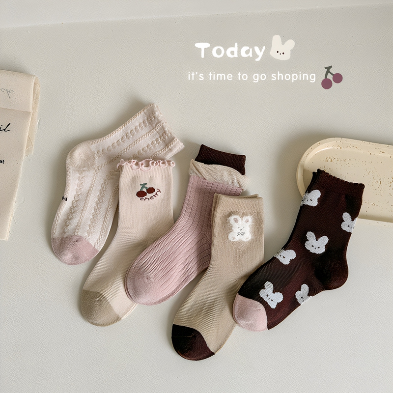 Girls' Cartoon Mid-Calf Socks, Spring and Autumn Pure Cotton Seamless Socks for Older Girls and Toddlers, Korean Style Sweet Versatile Princess Socks