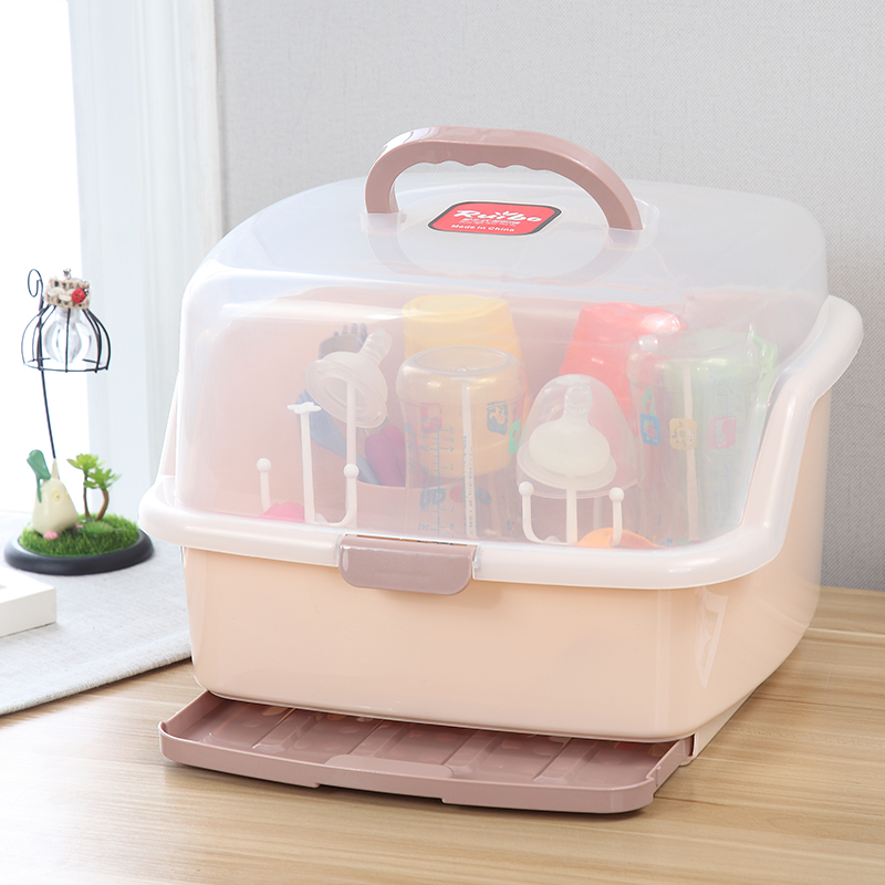 Baby bottle storage box with lid dustproof baby supplies tableware drain dry rack out storage box