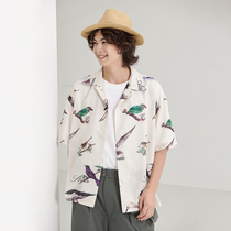 BEEKITE Hundred Birds Watercolor Hawaii Shirt Hand-painted National Wind Cuba Collar Short Sleeve Aloha Stack Wear Loose Casual