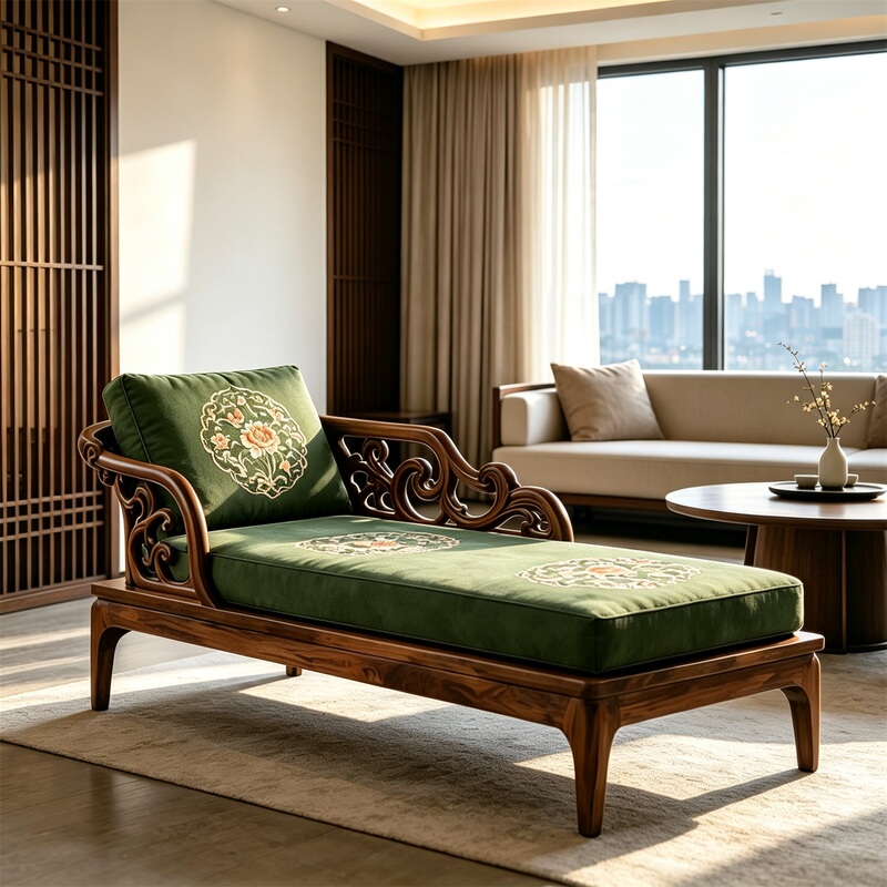Song-Style Aesthetic Black Walnut Wood Chaise Lounge, New Chinese-Style Single Embroidered Chaise Lounge, Bedroom End-Of-Bed Chaise, Solid Wood Recliner