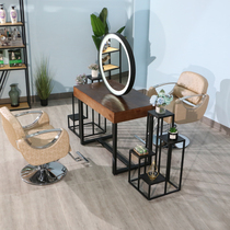 Solid Wood retro hairdressing mirror table hairdressing mirror beauty salon makeup monomirror hair salon studio double-sided with light led